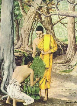 Boddhisatta menerima dana rumput2an dari Brahmana Sotthiya
