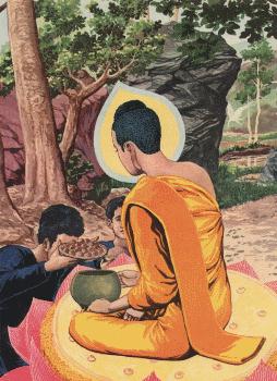 Pedagang Tapussa dan Bhallika mempersembahkan Kue Nasi dan Gumpalan Madu pada Buddha